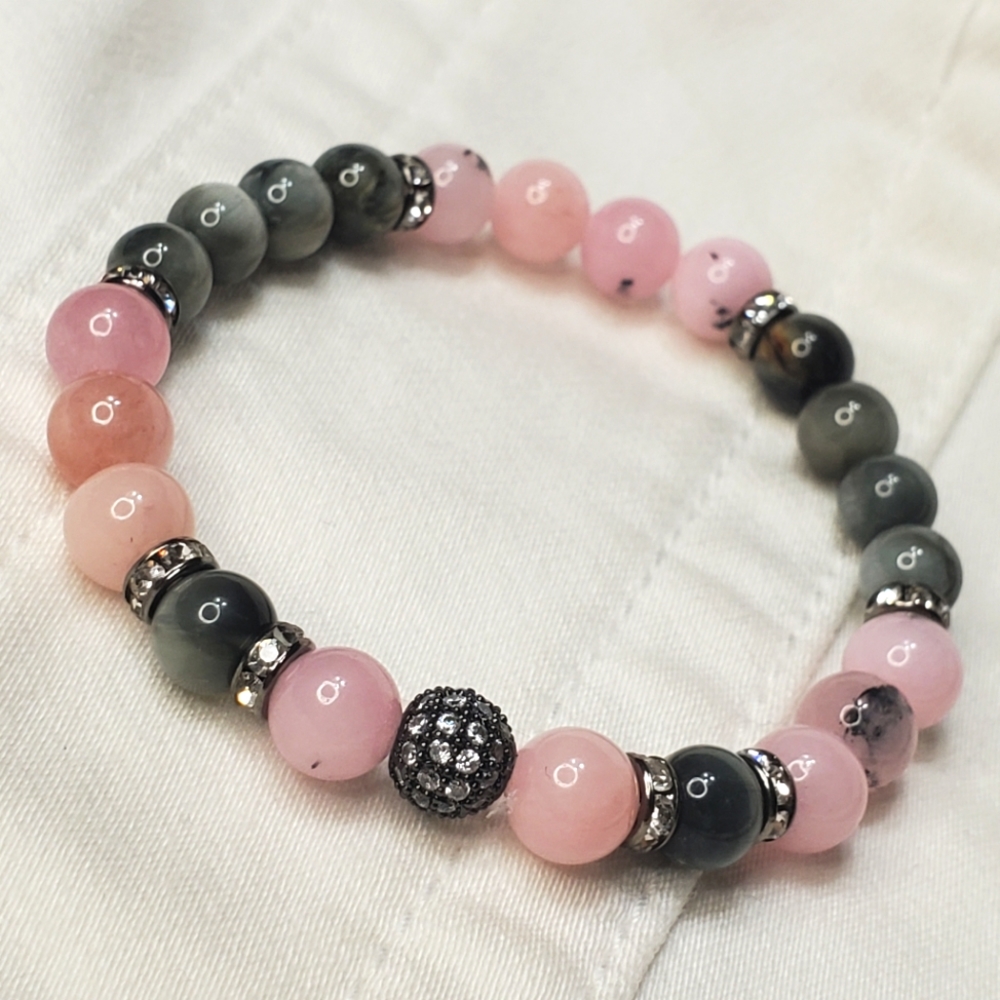 Handmade Gemstone Bracelet - Strass - Cherry Blossom Jasper & Eagle Eye